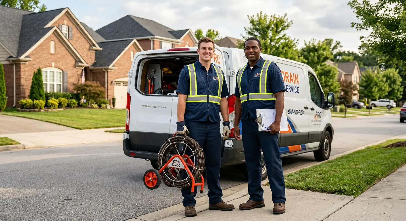 Sewer and drain service team with equipment ready for work in Fanwood
