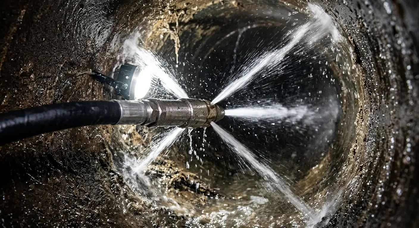 High-pressure hydro jetting nozzle cleaning sewer pipe for Trenchless Sewer Repair in Fanwood