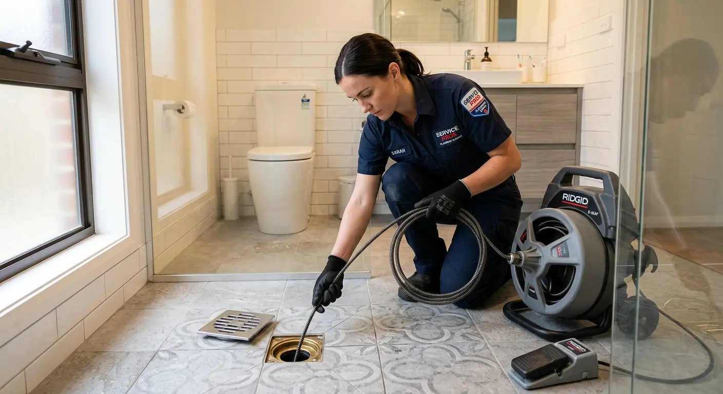 Technician clearing a bathroom floor drain for Drain Repair in Fanwood